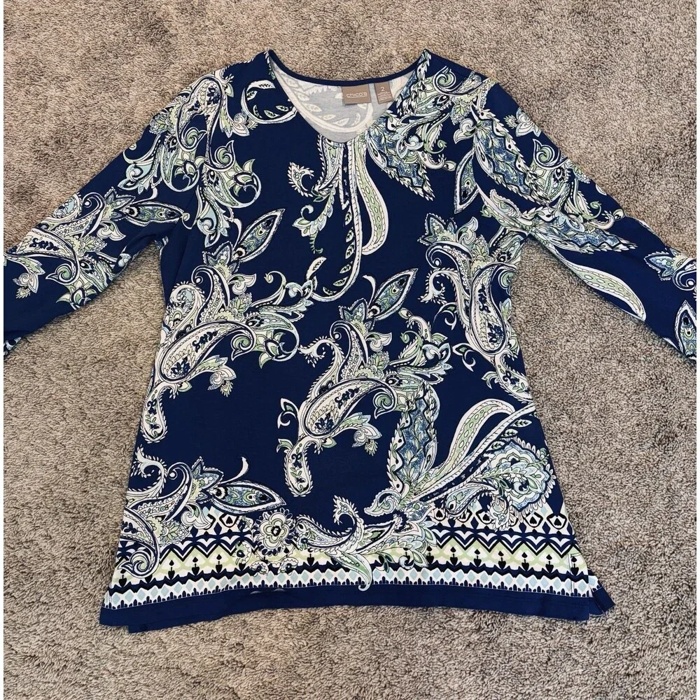 Chico’s Blouse Top Womens Size 2 US Large Blue White Paisley Floral Stretch - Picture 1 of 7